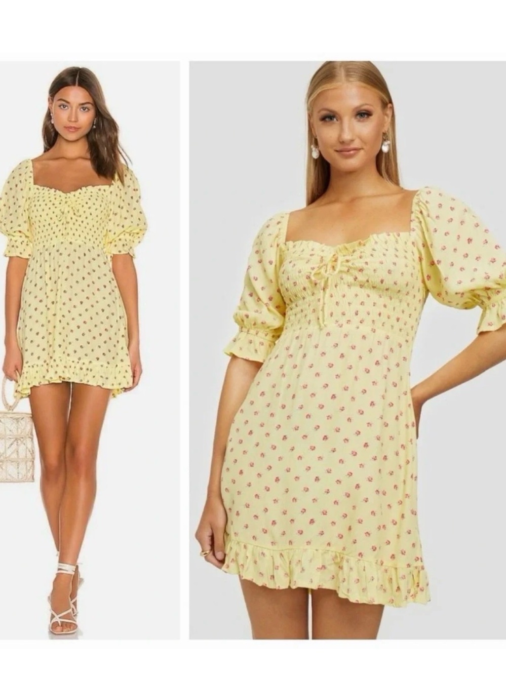 Faithfull The Brand Yellow Floral Smocked Puff Sleeve Mini Dress Size 4